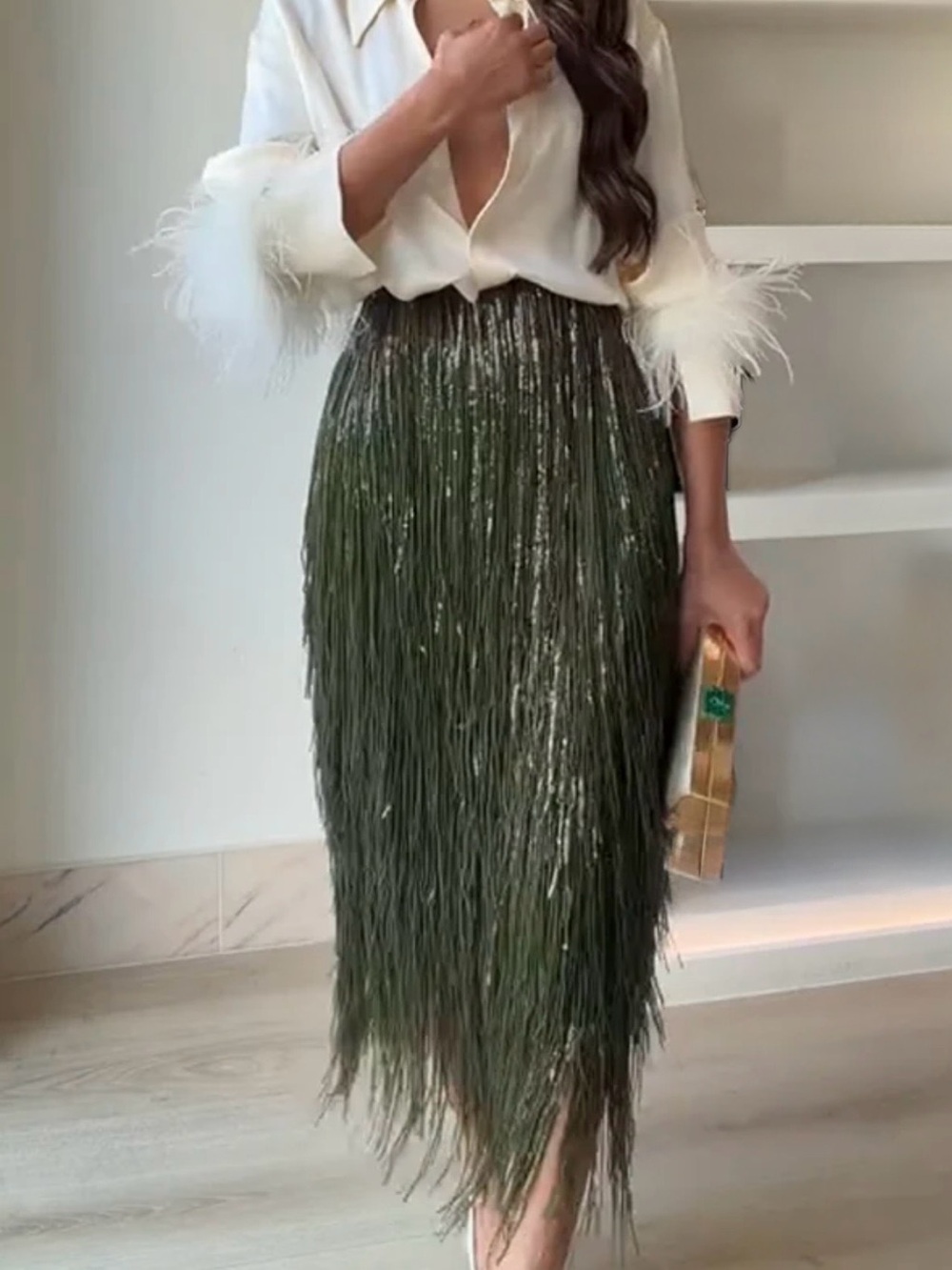 Olive Fringe Midi Skirt, Size XL